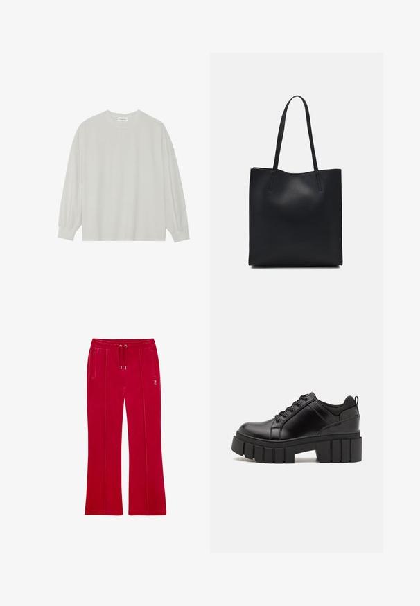 Lichtgrijze langarm t-shirt van zacht katoen. Heeft een losse pasvorm, ronde halslijn en zachtGathered manchetten. Geen patronen of graphics.; Rode velours broek met een ontspannen pasvorm, een koordjesband, twee zijzakken en verticale naaddetails. Bevat een logo-accent.; Zwarte leren platform schoenen met een stevige blokhak, ronde neus en een traditionele vetersluiting. Kenmerkt zich door een gladde textuur en minimale details.; Zwarte leren handtas met een gladde textuur, rechthoekige vorm en twee lange handvaten. Geen zichtbare hardware of versieringen.