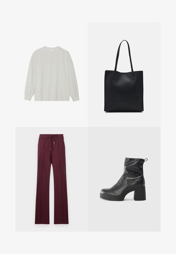 Helles graues Langarm-T-Shirt aus weicher Baumwolle. Mit lockerer Passform, Rundhalsausschnitt und sanft gerafften Bündchen. Keine Muster oder Grafiken.; Burgunderfarbene weitgeschnittene Hose aus weichem Stoff mit einem Kordelzugbund und vorderen Falten. Flauschiger Saum und glatte Textur.; Schwarze Stiefeletten aus glattem Leder mit seitlichem Reißverschluss, klobigem strukturiertem Absatz und runder Zehenform.; Schwarze Laptoptasche aus Leder mit glatter Textur, rechteckiger Form und zwei langen Griffen. Keine sichtbaren Beschläge oder Verzierungen.