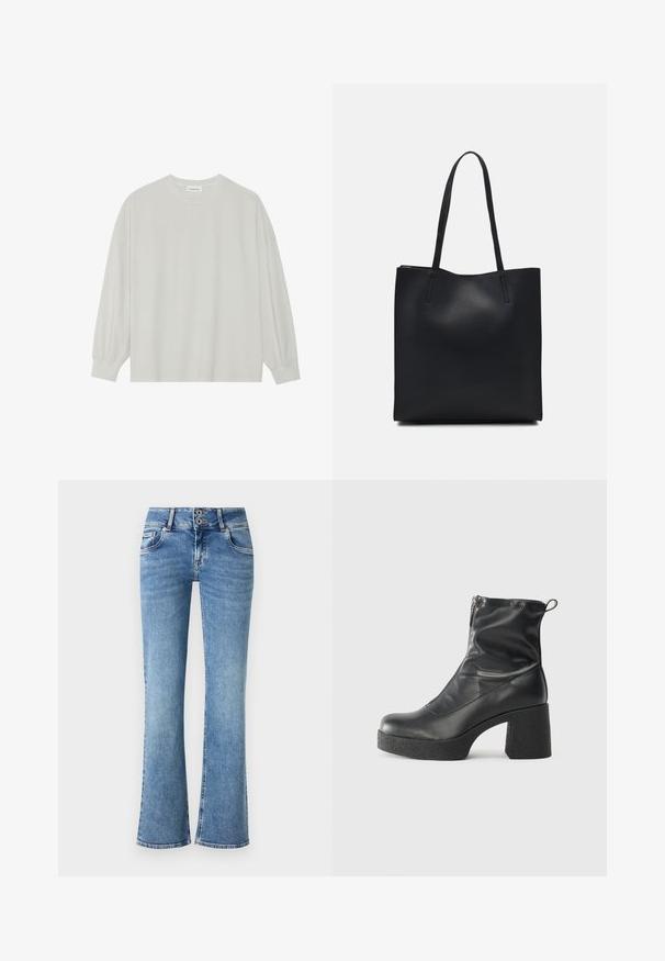 Camisola de manga longa cinza clara, feita de algodão suave. Apresenta um corte solto, decote redondo e punhos ligeiramente franzidos. Sem padrões nem gráficos.; Jeans de denim azul flare com uma cintura alta, fecho de dois botões, cinco bolsos e detalhes costurados nas costuras.; Botas de tornozelo pretas feitas de couro liso, com fecho lateral, salto grosso texturizado e design de bico arredondado.; Bolsa tote preta em couro com textura lisa, forma retangular e duas alças longas. Sem hardware ou enfeites visíveis.