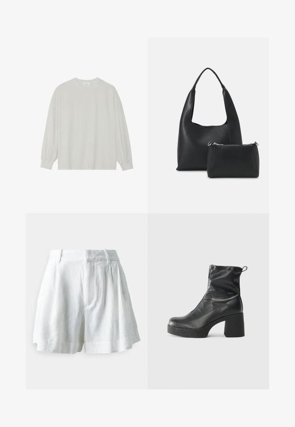 Gaišpelēka garām piedurknēm t-krekls, kas izgatavots no mīkstas kokvilnas. Iezīmē vaļīgu piegriezumu, apaļu kakla izgriezumu un viegli saplacinātas piedurknes. Nav rakstu vai grafikas.; GAP Šorti - new off white; Melni potītes zābaki, kas izgatavoti no gludas ādas, ar sānu rāvējslēdzēju, masīvu strukturētu papēdi un noapaļotu purngalu.; Even&Odd Rokassoma - black