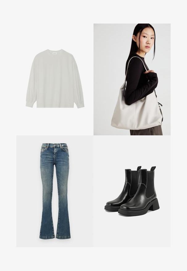 T-shirt a maniche lunghe grigio chiaro realizzato in cotone morbido. Presenta una vestibilità ampia, scollatura rotonda e polsini delicatamente arricciati. Nessun motivo o grafica.; Jeans svasati blu in denim, con effetto sbiadito, cinque tasche, chiusura con bottone e dettagli di cucitura sulla cintura.; Stivali Chelsea in pelle nera con tacco spesso, pannelli elasticizzati sui lati e cuciture bianche a contrasto. Finitura testurizzata.; Borsa a mano beige realizzata in materiale morbido, caratterizzata da un design morbido, dettagli cuciti e due manici. Adatta per l'uso quotidiano.