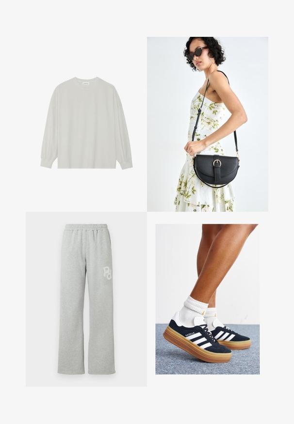 Svetlošedé tričko s dlhým rukávom vyrobené z jemnej bavlny. Má voľný strih, okrúhly výstrih a jemne náramkové manžety. Bez vzorov alebo grafiky.; Šedé teplákové nohavice s elastickým pásom, rovný strih, mäkká textura a malé biele logo na ľavej strane.; Čierne semišové tenisky s bielymi pruhmi a detailmi, so zaoblenou špičkou, podrážkou z gumovej gumy, doplnené bielymi rebrovanými ponožkami.; Čierna kožená kabelka s zaobleným tvarom, odnímateľným popruhom a zlatými doplnkami. Kabelka má klopu s detailom s prackou.