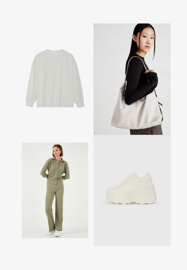Lichtgrijze langarm t-shirt van zacht katoen. Heeft een losse pasvorm, ronde halslijn en zachtGathered manchetten. Geen patronen of graphics.; Olijfgroene, gestructureerde gebreide twee-delige set met een colbert met knopen en bijpassende flared broek, aangevuld met witte sneakers.; Witte platform sneakers met een gladde leren bovenkant, afgeronde vorm, gewatteerde kraag en een gestructureerde rubberen zool met duidelijke profiel.; Beige handtas gemaakt van zacht materiaal, met een slonzig ontwerp, gestikte details en twee schouderbanden. Geschikt voor dagelijks gebruik.