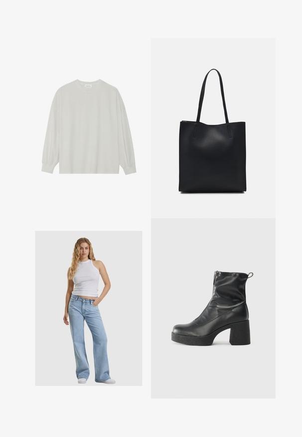 Hele halli pikkade varrukatega T-särk, mis on valmistatud pehmest puuvillast. Omab vaba lõiget, ümmargust kaelust ja õrnalt kogutud varrukaotsi. Muster ja graafika puuduvad.; Valge ilma varrukateta crop top, helesinised laiad teksapüksid ja valged toimubid. Riietus koosneb pehmest kangast ja lõdvestatud siluetist.; Mustad mustad ansapüksid, mis on valmistatud siledast nahast, külje zipperiga, paksu tekstuuriga kontsaga ja ümmarguse nina disainiga.; Mustast nahast kott sujuva tekstuuriga, ristkülikukujuline ja kahe pika sangaga. Pole nähtavat riistvara ega kaunistusi.