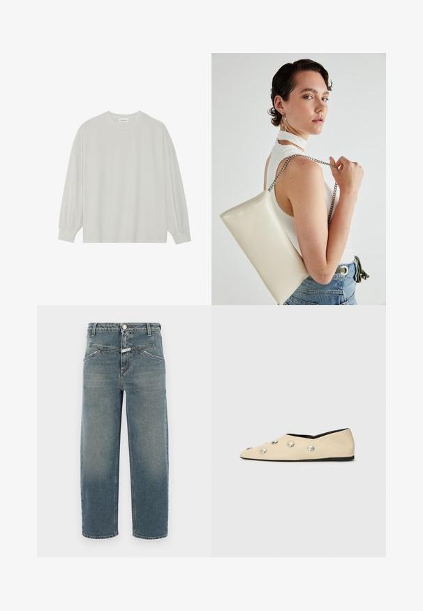 Gaišpelēka garām piedurknēm t-krekls, kas izgatavots no mīkstas kokvilnas. Iezīmē vaļīgu piegriezumu, apaļu kakla izgriezumu un viegli saplacinātas piedurknes. Nav rakstu vai grafikas.; CLOSED STOVER X - Džinsi ar pakāpeniski sašaurinātiem galiem - mid blue; CLOSED Balerīnas laiviņas - ecru; Balts taisnstūra clutch soma, izgatavota no spīdīga materiāla, ar sudraba ķēdes siksnu. Modelis pozē, demonstrējot somu uz vienkārša fona.