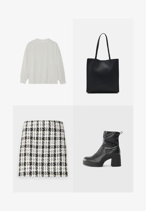 Jasnoszara, długorękawowa koszulka z miękkiej bawełny. Posiada luźny krój, okrągły dekolt oraz delikatnie marszczone mankiety. Brak wzorów i grafik.; Czarna i biała spódnica w kratę, wykonana z teksturowanej tkaniny, o wyraźnej konstrukcji z prostym krojem i minimalnymi detalami.; Czarne botki za kostkę wykonane z gładkiej skóry, wyposażone w boczny zamek błyskawiczny, masywny teksturowany obcas oraz zaokrąglony czubek.; Czarna skórzana torba tote o gładkiej fakturze, prostokątnym kształcie i dwóch długich uchwytach. Brak widocznych elementów metalowych i ozdób.