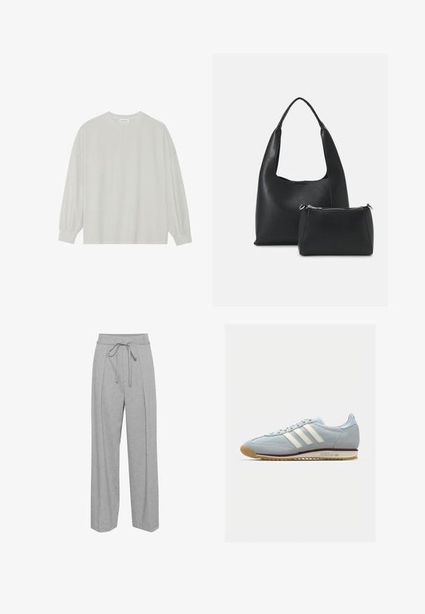 Šviesiai pilkas ilgomis rankovėmis marškinėliai, pagaminti iš minkštos medvilnės. Sukurtas laisvam prigludimui, apvaliu iškirpimu ir švelniai susigūžusiomis rankovėmis. Be raštų ar piešinių.; Pilki lininiai plačios kojų kelnės su aukštu liemeniu, pasižyminčios raišteliu, raukšlėmis priekyje ir švelniu, tekstūruotu paviršiumi.; Šviesiai mėlyni veliūriniai sportbačiai su baltomis trimis juostelėmis, guminis pado ir tekstūruota tinklinė medžiaga. Yra glotnus pirštų dangtelis ir ženklas ant kulno.; Even&Odd Rankinė - black