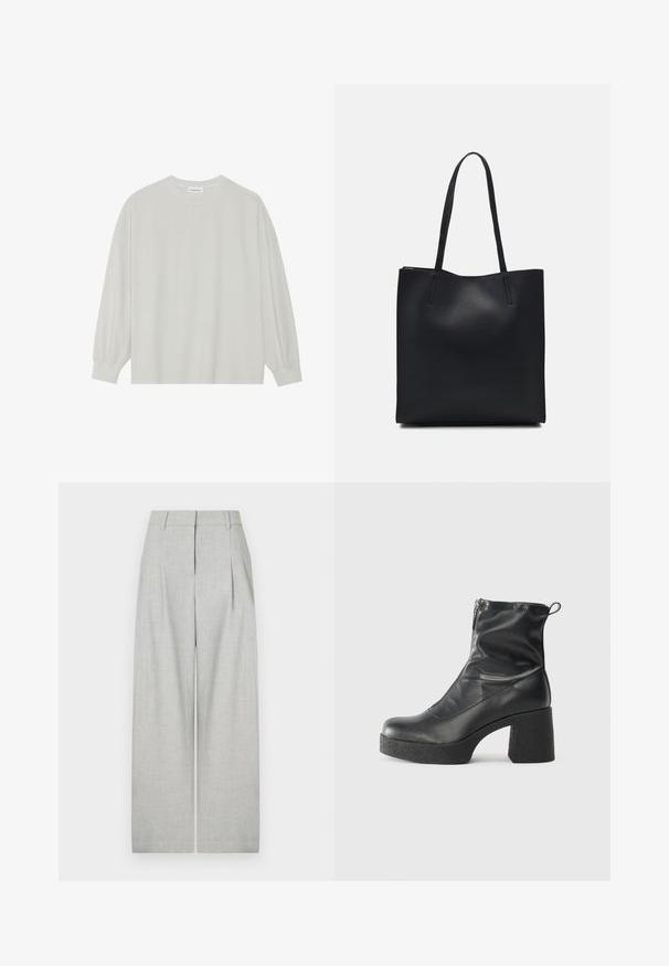 Világosszürke, hosszú ujjú póló, puha pamutból készült. Szabad, laza szabású, kerek nyakkivágással és finoman ráncolt mandzsettával rendelkezik. Nincs rajta minta vagy grafikák.; Világosszürke, széles lábú nadrág textúrált anyagból, elöl redőkkel, tiszta derékpánttal és látható zsebek nélkül.; Fekete bokacsizmák sima bőrből, oldalsó cipzárral, vastag, texturált sarkú és lekerekített orrú dizájnnal.; Fekete bőrtáska sima felszínnel, téglalap alakú, két hosszú füllel. Nincs látható fémkiegészítő vagy díszítés.