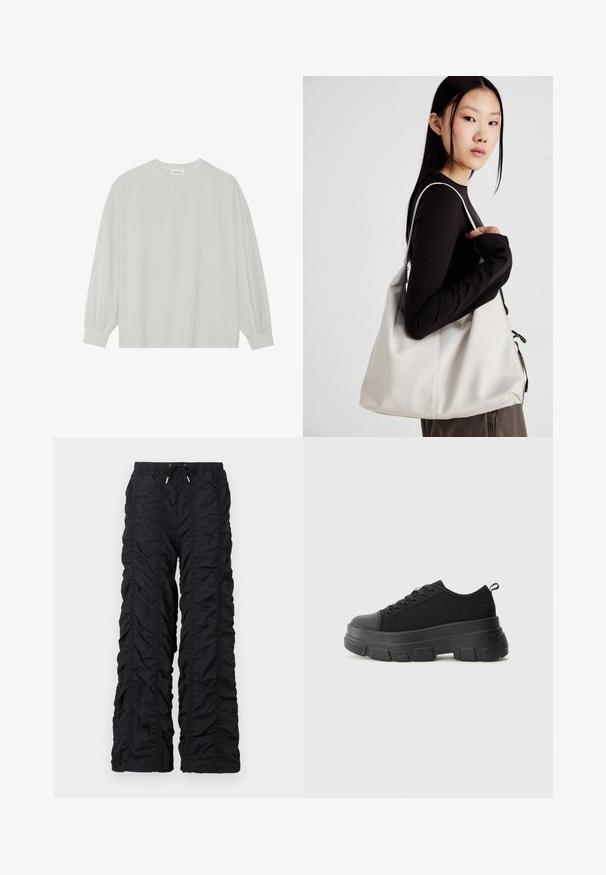 Ljusgrå långärmad t-shirt i mjuk bomull. Har en lös passform, rund halsringning och lätt rynkade ärmslut. Utan mönster eller grafik.; Svarta, lätta, quiltade byxor med en rynkad textur, elastisk midja och dragsko, med raka ben och utan fickor.; Svarta sneakers med en kraftig gummisula, texturerad tygöverdel, rund tå och snörning. Har förstärkta öglor och dragflik bak.; Beige handväska tillverkad av mjukt material, med en avslappnad design, sydda detaljer och två axelremmar. Lämplig för dagligt bruk.