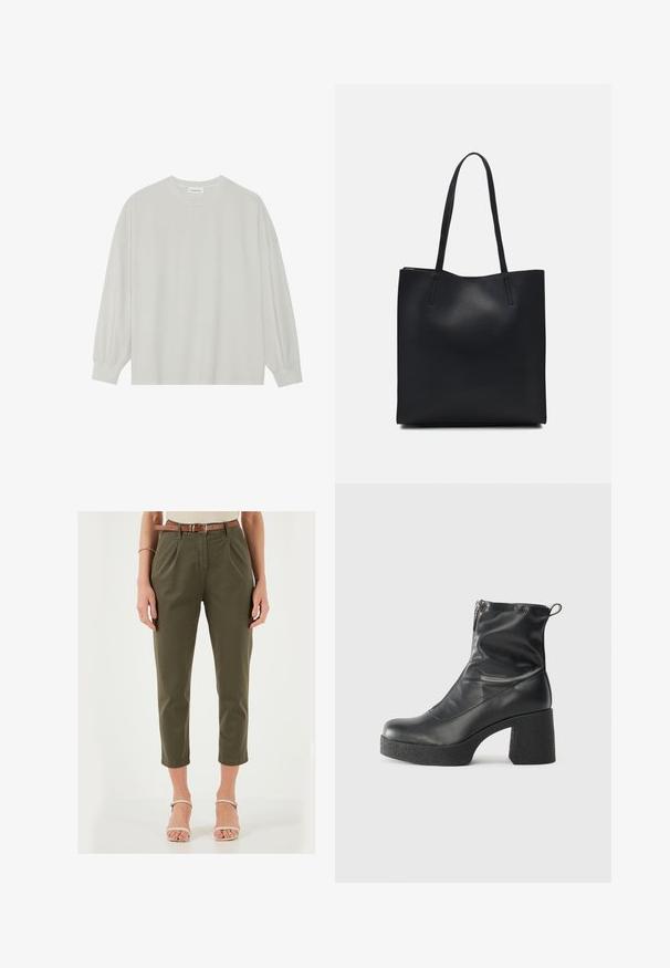 Light gray long-sleeve t-shirt made of soft cotton. Features a loose fit, round neckline, and gently gathered cuffs. No patterns or graphics.; Olive green tailored trousers with pleats, cropped length, and a brown belt. Material appears smooth; features side pockets and a fitted waist.; Black ankle boots made of smooth leather, featuring a side zipper, chunky textured heel, and rounded toe design.; Black leather tote bag with smooth texture, rectangular shape, and two long handles. No visible hardware or embellishments.
