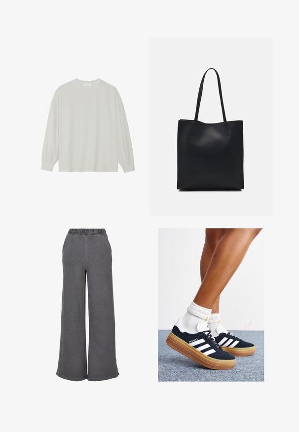 Világosszürke, hosszú ujjú póló, puha pamutból készült. Szabad, laza szabású, kerek nyakkivágással és finoman ráncolt mandzsettával rendelkezik. Nincs rajta minta vagy grafikák.; Széles lábú szürke melegítőnadrág, amely puha anyagból készült, és kényelmes, rugalmas derékkal rendelkezik. Simább textúra, látható minták vagy díszítések nélkül.; Fekete velúr sportcipő fehér csíkokkal és díszítésekkel, lekerekített orral, gumitalpú külső résszel, fehér bordázott bokazoknival párosítva.; Fekete bőrtáska sima felszínnel, téglalap alakú, két hosszú füllel. Nincs látható fémkiegészítő vagy díszítés.