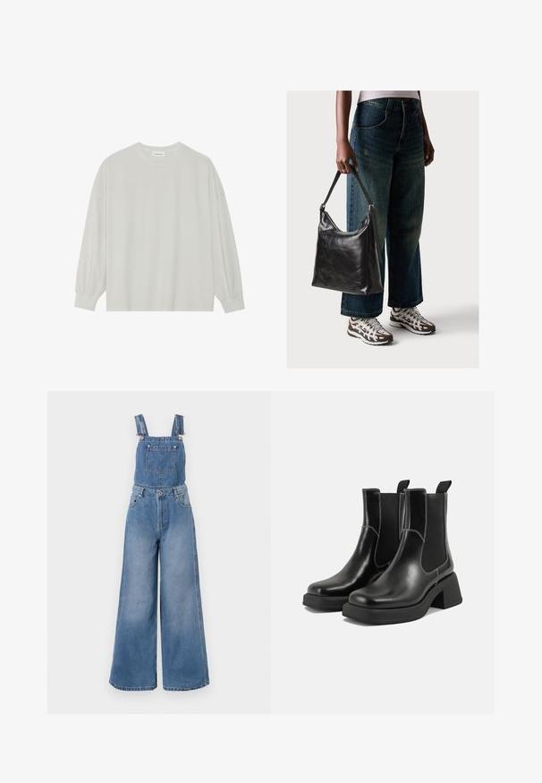 Lys grå langermet t-skjorte laget av myk bomull. Har en løs passform, rund hals og forsiktig samlet mansjetter. Ingen mønstre eller grafikk.; Lette blå denim overalls med brede ben, justerbare stropper, en frontlomme og sølvfarget detaljer. Stoffet har en subtil tekstur.; Sorte lær Chelsea støvler med en kraftig hæl, elastiske sidepaneler og kontrasterende hvid syning. Teksturert overflate.; Sort skinnveske med en glatt tekstur og justerbar stropp, kombinert med falmede vide jeans og atletiske sneakers.