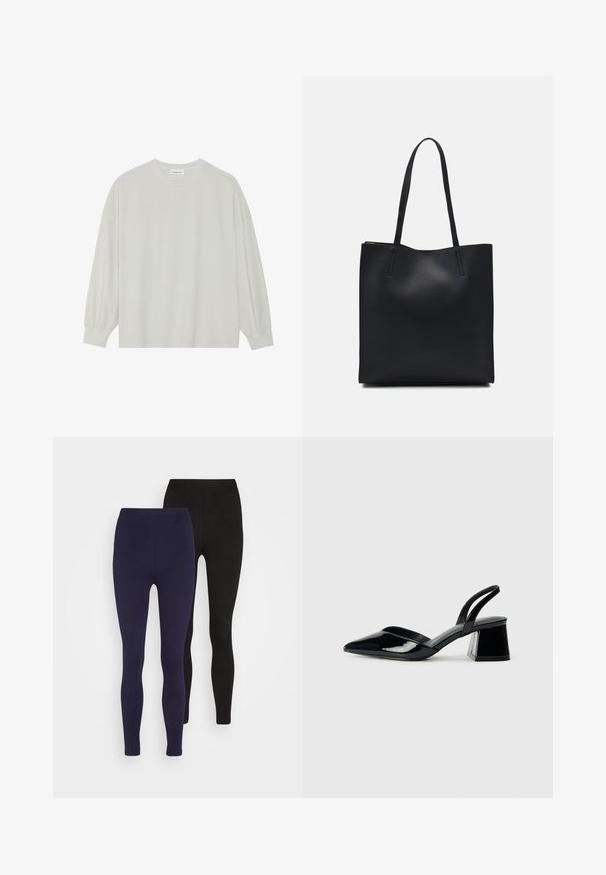 Svetlo siva majica s dugim rukavima izrađena od mekog pamuka. Ima slobodan kroj, okrugli izrez i blago nabrane manžetne. Bez uzoraka ili grafike.; Dve pare oprijetih tajic: ena v mornarsko modri, ena v črni. Narejene iz gladkega, raztegljivega materiala brez vidnih vzorcev ali dodatkov.; Črne lakirane slingback pete s koničastim nosom in geometrijsko blokasto peto. Imajo eleganten, minimalističen dizajn in gladko teksturo.; Črna usnjena torba s svilnato teksturo, pravokotne oblike in dvema dolgima ročajema. Brez vidnih metalnih delov ali okrasnih elementov.