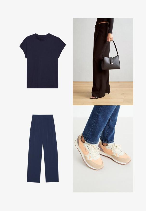 Dunkelblaue Baumwoll-T-Shirt mit rundem Ausschnitt und kurzen Ärmeln, das einen lockeren Schnitt und eine glatte Textur bietet. Keine Muster oder Akzente.; Himmelblaue Weitbundhosen aus weichem Stoff, mit vorderen Falten, glatter Oberfläche und einem geraden Schnitt ohne sichtbare Taschen.; Leichte Sneakers in Pfirsich- und Cremetönen, aus Wildleder und Netzmaterial, mit Schnürdesign und Gummisohle für besseren Halt.; Schwarze Handtasche mit strukturierter Form, glatter Textur und einem metallischen Verschluss. Kombiniert mit weiten schwarzen Hosen und offenen Sandalen auf einem Holzboden.