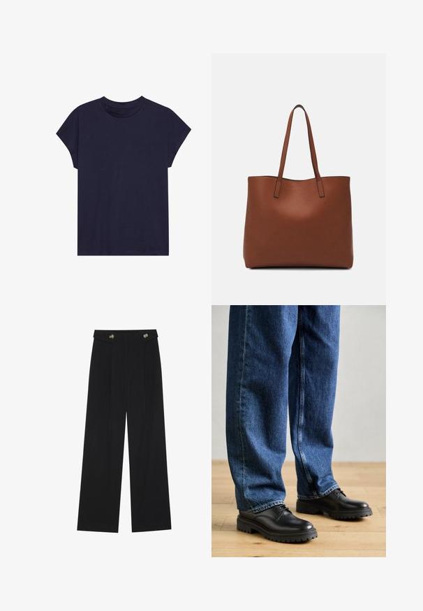 Camiseta de algodón azul marino con escote redondo y mangas cortas, con un ajuste holgado y textura suave. Sin patrones ni acentos.; Pantalones de pierna ancha negros con cintura alta, detalles de botones en la cinturilla y pliegues en la parte delantera.; Zapatos de cuero negro con punta redonda, diseño con cordones y suela de goma gruesa y texturizada, combinados con unos jeans de mezclilla azul de corte holgado.; Bolso tote de cuero marrón con una textura suave, diseño de apertura superior y dos correas para el hombro. Presenta una costura mínima y sin herrajes visibles.
