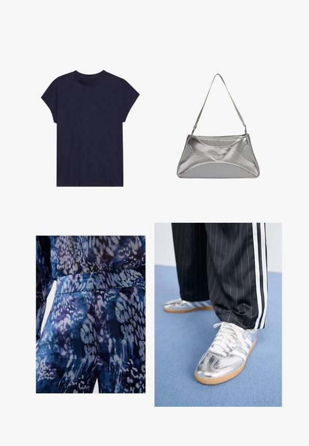 T-shirt en coton bleu marine à col rond et manches courtes, avec une coupe décontractée et une texture lisse. Pas de motifs ni d'accents.; Tissu bleu et violet à motifs avec une texture lisse, présentant des formes abstraites et une taille ajustée. Vue en gros plan des détails du vêtement.; Baskets argentées métalliques avec des lacets blancs et trois rayures blanches, associées à un pantalon noir à rayures. Semelle en gomme à la base.; Sac à main en métal argenté avec un design structuré et élégant, présentant un corps texturé, une bandoulière et un accent avec un logo en relief.