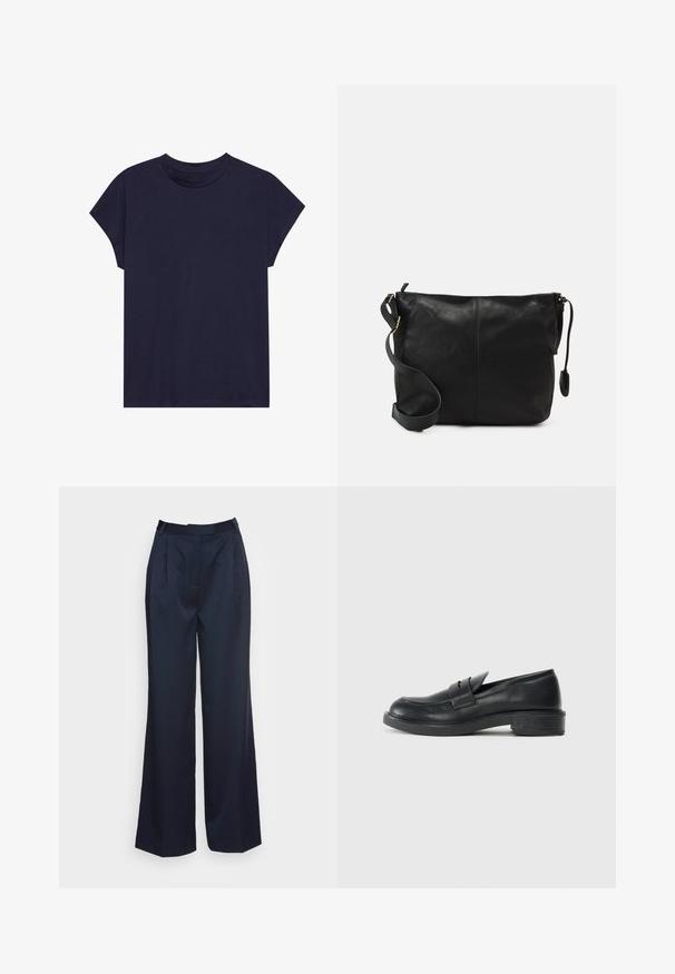 T-shirt de algodão azul-marinho com um decote redondo e mangas curtas, apresentando um corte descontraído e uma textura suave. Sem padrões ou detalhes.; Another-Label MOORE PLEATED PANTS - Calças - night sky; Mocassins de couro preto com bico redondo, detalhes costurados e um pequeno salto. Textura suave e sola de borracha flexível.; Mala de ombro em couro preto com forma plana, detalhes em metal dourado e alça ajustável. Textura suave com detalhes de costura mínimos.