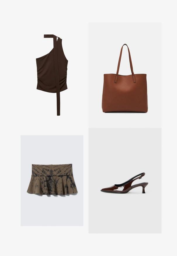 Haut marron à une épaule, en tissu doux, avec un design drapé, des fronces sur le côté et une longue sangle descendant de l'épaule.; Jupe évasée marron tie-dye avec taille ajustée, présentant des accents noirs dans un motif tourbillonnant. Fabriquée en tissu doux et extensible.; Chaussure slingback en cuir verni marron avec un bout pointu et un talon modéré. Elle est dotée d'une sangle à boucle pour un ajustement sécuritaire. Texture lisse.; Sac fourre-tout en cuir marron avec une texture lisse, design à ouverture supérieure et deux poignées pour le porter à l'épaule. Présente des coutures minimales et aucun matériel visible.