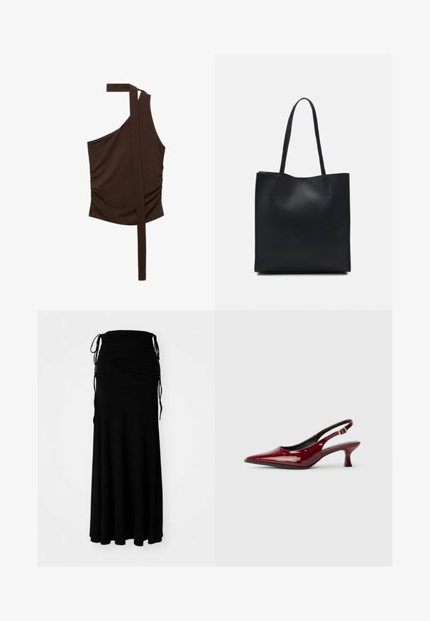 Brown, one-shoulder top made of soft fabric, featuring a draped design, side ruching, and a long strap extending from the shoulder.; Black, ankle-length dress made of soft, stretchy fabric with a ruched bodice and adjustable ties on the sides, creating a flowing silhouette.; Burgundy patent leather slingback heels with a pointed toe and a sleek stiletto heel. Open back design with adjustable ankle strap detail.; Black leather tote bag with smooth texture, rectangular shape, and two long handles. No visible hardware or embellishments.