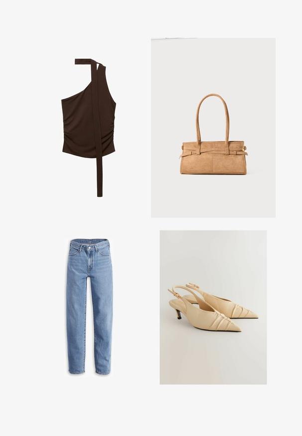 Brown, one-shoulder top made of soft fabric, featuring a draped design, side ruching, and a long strap extending from the shoulder.; Light blue jeans made of denim, with a relaxed fit, straight leg, five-pocket design, and frayed hems for a casual look.; Beige leather slingback heels with a pointed toe and gathered texture detail. Features a low heel and an adjustable ankle strap.; Tan suede handbag with two long handles, rectangular shape, and decorative stitching. Features a side strap and subtle gold hardware accents.