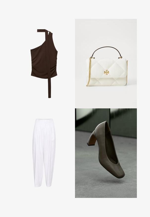 Rjav top z enim ramenom, izdelan iz mehke tkanine, z drapirano zasnovo, stranskim ruchingom in dolgotrgo iz ramena.; Bela lanena hlače z visokim pasom, z nagubami spredaj in sproščenim silhuetom, ki se zožijo do gležnja. Gladka tekstura, brez vzorcev.; Temno olivno zeleni usnjeni čevlji s petami, kvadratnim nosom in blokasto peto, ki lebde nad sivo betonsko tla s zamegljeno zeleno ozadjem.; Bela quiltana torbica z zlatim dodatki, ki ima verižni trak in kratko ročko. Na sprednji strani se izstopajoče nahaja okrasni logo.