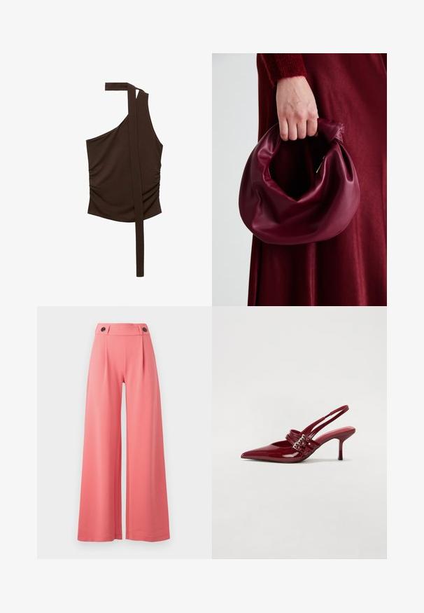 Hnědý top na jedno rameno vyrobený z měkké tkaniny, se skládáním, bočním nařasením a dlouhým popruhem vyčnívajícím z ramene.; Kalhoty s širokými nohavicemi v korálové barvě, s vysokým pasem a dvěma černými knoflíky, vyrobené z hladkého materiálu se strukturovaným designem.; Červené lakované kožené lodičky na podpatku s špičatou špičkou, dvěma přezkami a štíhlým, středně vysokým jehlovým podpatkem. Hladký povrch.; Burgundská kožená kabelka s měkkým, nabíraným designem a zaobleným tvarem. Ucho je zajištěné a vykazuje hladkou texturu.