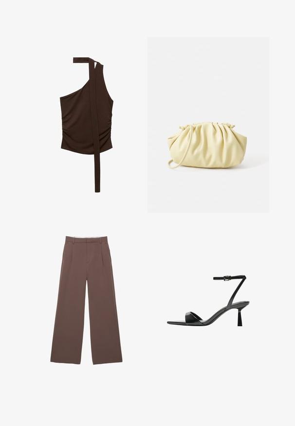 Top brown, cu un umăr, confecționat dintr-un material moale, având un design drapat, cu gathered pe lateral și o curea lungă care se extinde de la umăr.; Pantaloni largi dintr-un material solid de culoare maro, având o textură fină, pliseuri frontale și o talie adaptată. Fără logo-uri sau modele vizibile.; Bershka Sandale cu toc - black; Geantă pliată galbenă dintr-un faux leather neted, cu o formă moale, având un singur mânere pentru umăr și un design cu partea superioară gathered.