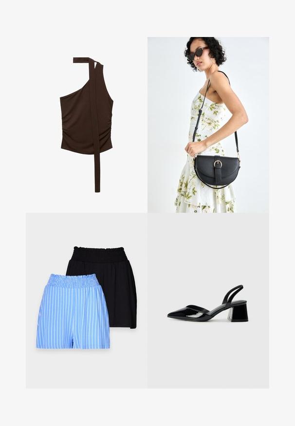 Top brown, cu un umăr, confecționat dintr-un material moale, având un design drapat, cu gathered pe lateral și o curea lungă care se extinde de la umăr.; Două perechi de șorturi cu talie elastică: una de culoare albastru deschis cu dungi verticale albe, cealaltă complet neagră. Ambele sunt fabricate dintr-un material moale.; Pantofi cu toc slingback din piele lacuită neagră, cu vârf ascuțit și toc geometric. Prezintă un design elegant, minimalist și o textură netedă.; Geantă din piele neagră, cu o formă curbată, curea detașabilă și accesorii aurii. Geanta are un capac cu un detaliu tip cataramă.