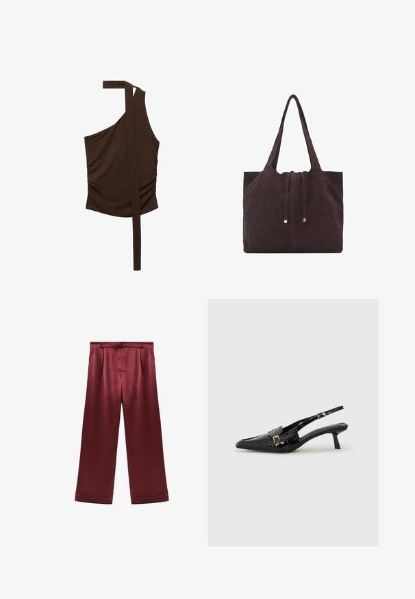 Haut marron à une épaule, en tissu doux, avec un design drapé, des fronces sur le côté et une longue sangle descendant de l'épaule.; Pantalons larges bordeaux en satin avec une texture lisse, dotés d'une taille haute et de deux poches latérales pour un détail fonctionnel.; Talons aiguilles à bout pointu noirs avec une texture crocodile, un talon fin et un détail de boucle dorée décorative sur la sangle.; Mango Cabas - dark brown