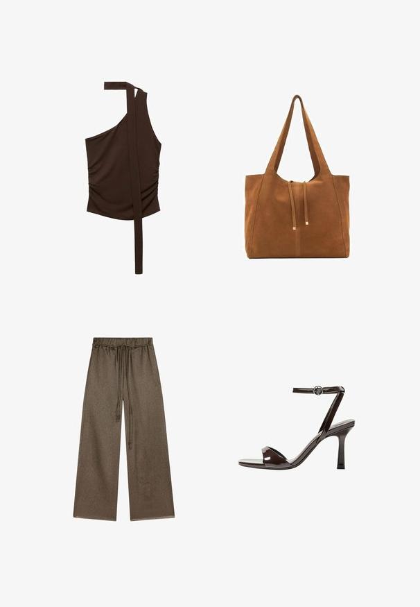 Hnědý top na jedno rameno vyrobený z měkké tkaniny, se skládáním, bočním nařasením a dlouhým popruhem vyčnívajícím z ramene.; Široké kalhoty v olivově zelené barvě, vyrobené z měkké, texturované tkaniny. S elastickým pasem se stahovací šňůrkou a bočními kapsami.; Hnědé lakované kožené sandály na vysokém podpatku s páskem kolem kotníku, otevřenou špičkou a elegantním, minimalistickým designem. Obsahují čtvercový podpatek.; Hnědá semišová taška s dvěma dlouhými popruhy, stahovací šňůrkou a minimalistickým designem. Hladký povrch a žádné viditelné kovové akcenty.