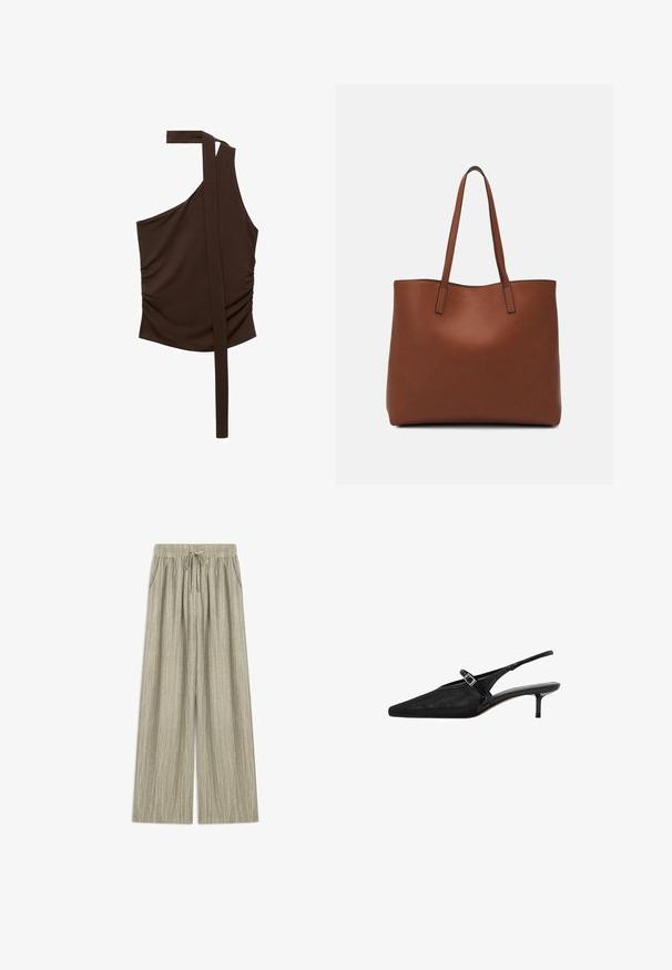 Brown, one-shoulder top made of soft fabric, featuring a draped design, side ruching, and a long strap extending from the shoulder.; Light gray wide-leg pants with an elastic waistband, drawstring, and side pockets. Textured fabric features subtle vertical stripes.; Black slingback heels with pointed toes, textured mesh upper, slim adjustable strap with silver buckle, and 5 cm stiletto heels.; Brown leather tote bag with a smooth texture, open top design, and two shoulder straps. Features minimal stitching and no visible hardware.