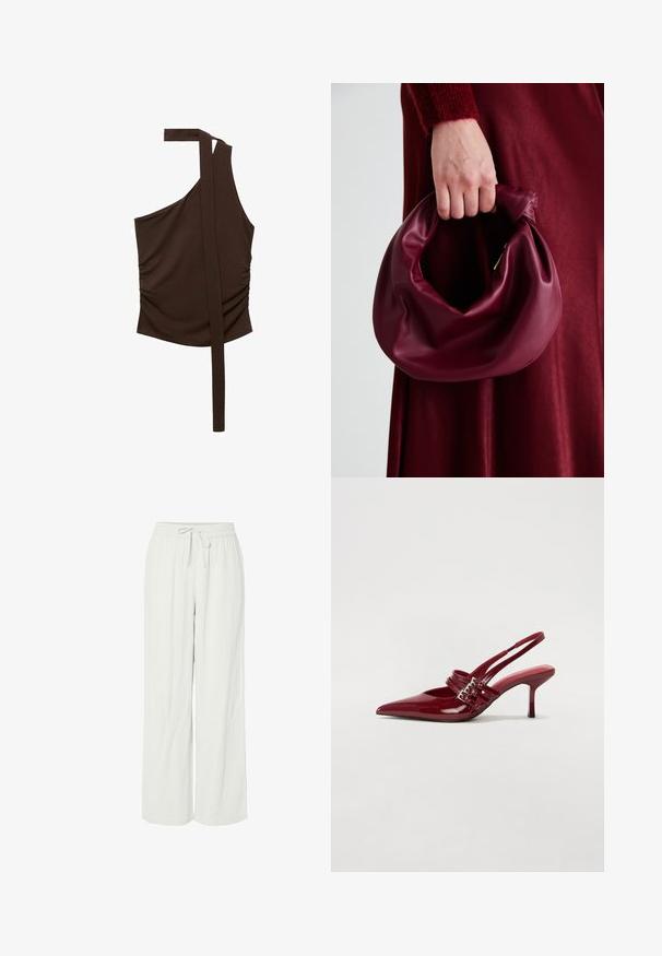 Rjav top z enim ramenom, izdelan iz mehke tkanine, z drapirano zasnovo, stranskim ruchingom in dolgotrgo iz ramena.; Široke hlače v svetlo sivi barvi, narejene iz mehke, teksturirane tkanine. Imajo elastičen pas s vrvico za prilagodljivo prileganje.; Rde lakirane sandalete na peto s ostrim nosom, dvema sponkami in tanko, srednje visokim peto središče. Gladka tekstura.; Bordo usnjeni ročni torbici s mehak, nabrana zasnova in okrogla oblika. Ročaj je varen in prikazuje gladko teksturo.