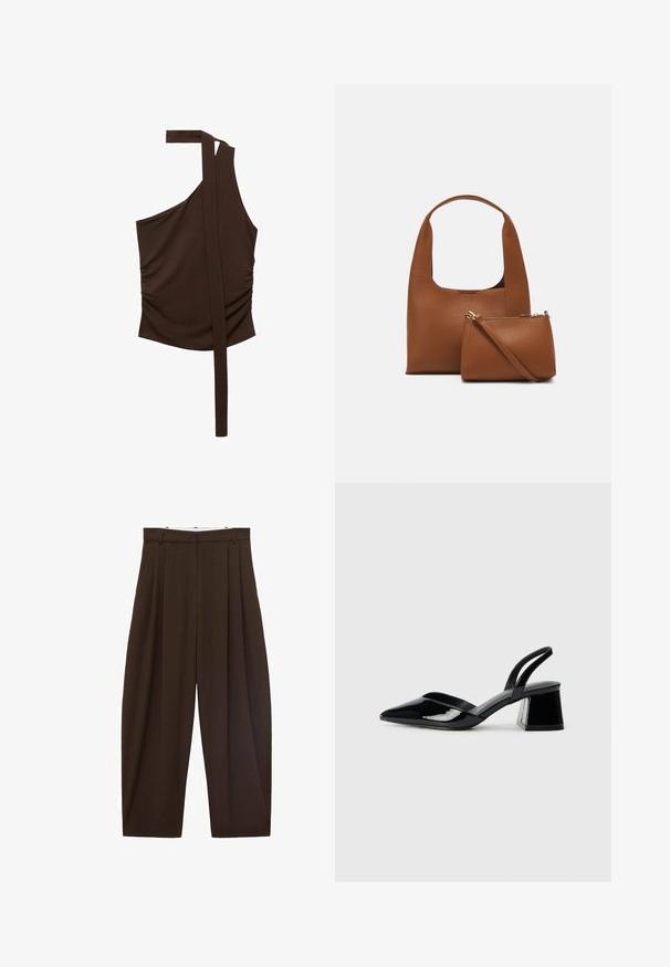 Hnedý top na jedno rameno z mäkkého materiálu, s drapériou, bočným riasením a dlhým popruhom, ktorý sa tiahne od ramena.; Hnedé nohavice s vysokým pásom a skladaním, vyrobené z hladkej tkaniny. Voľný strih, rovný strih nohavíc, s pútkami na opasok a so zipsom.; Čierne lakované kožené sandálové podpätky s špicatou špičkou a geometrickým blokovým podpätkom. Disponujú elegantným, minimalistickým dizajnom a hladkým povrchom.; Hnedá syntetická kabelka s prehnutou rukoväťou a hladkým povrchom. Obsahuje zodpovedajúcu malú taštičku so zipsom. Minimalistický dizajn.