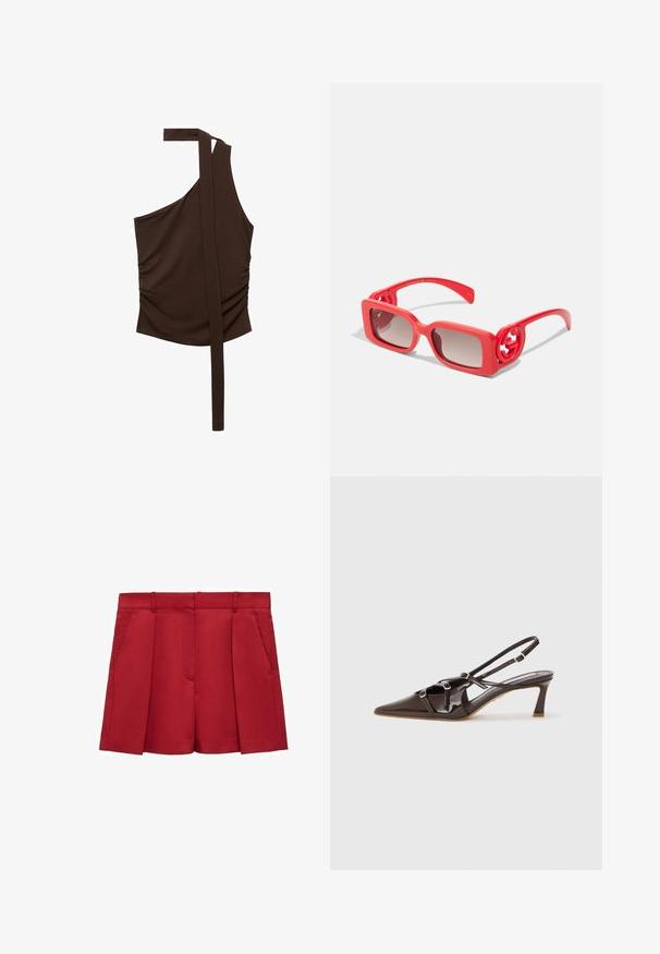 Top brown, cu un umăr, confecționat dintr-un material moale, având un design drapat, cu gathered pe lateral și o curea lungă care se extinde de la umăr.; Shorts roșii croiți din material ușor, cu un front plat, două buzunare laterale și un finisaj impecabil cu pliu.; Sandale cu toc slingback din piele lăcuită maro, cu vârf ascuțit, bretele reglabile și catarame decorative în față. Înălțimea tocului de 3 inci.; Ochelari de soare din plastic roșu, cu rame pătrate, lentile cu un gradient și accente cu logo circular pe brate. Textură netedă cu un finisaj lucios.; Geantă tote din piele maro, cu două mânere lungi, formă structurată, textură netedă și design minimal. Fără elemente sau accente vizibile.