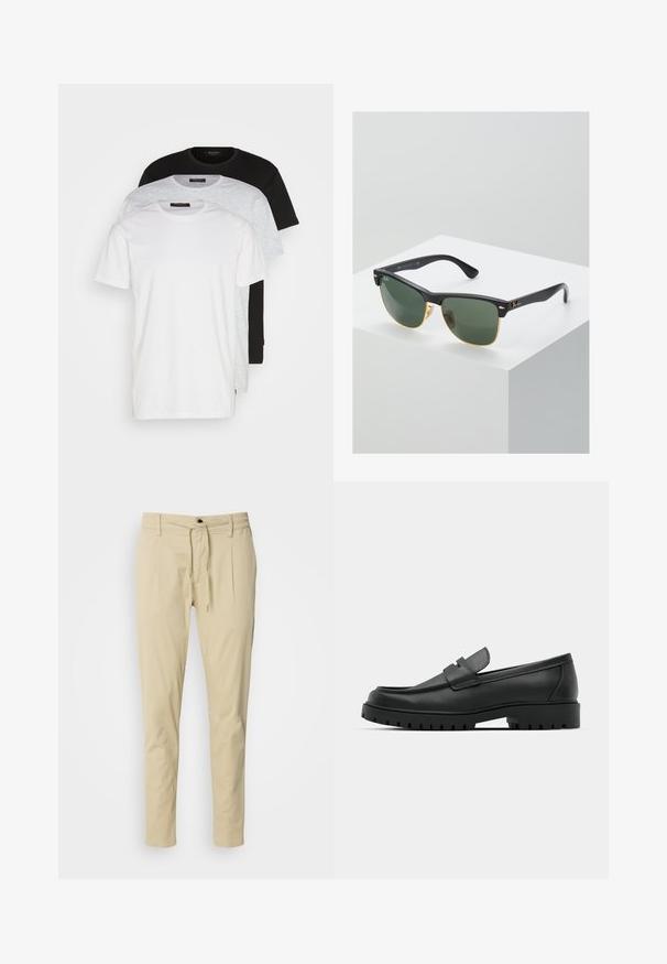 Tre magliette a girocollo in bianco, grigio chiaro e nero. Realizzate in cotone morbido, con maniche corte e una vestibilità comoda.; Pantaloni beige slim-fit realizzati in tessuto misto cotone. Vita elastica con cordoncino, due pieghe frontali e gambe dritte.; Mocassini in pelle nera con punta rotonda, caratterizzati da un design cucito, suola piatta bassa e un battistrada in gomma testurizzata e scolpita.; Occhiali da sole Ray-Ban con lenti verdi, montatura in plastica nera e dettagli dorati ai bordi. Forma quadrata con finitura opaca.