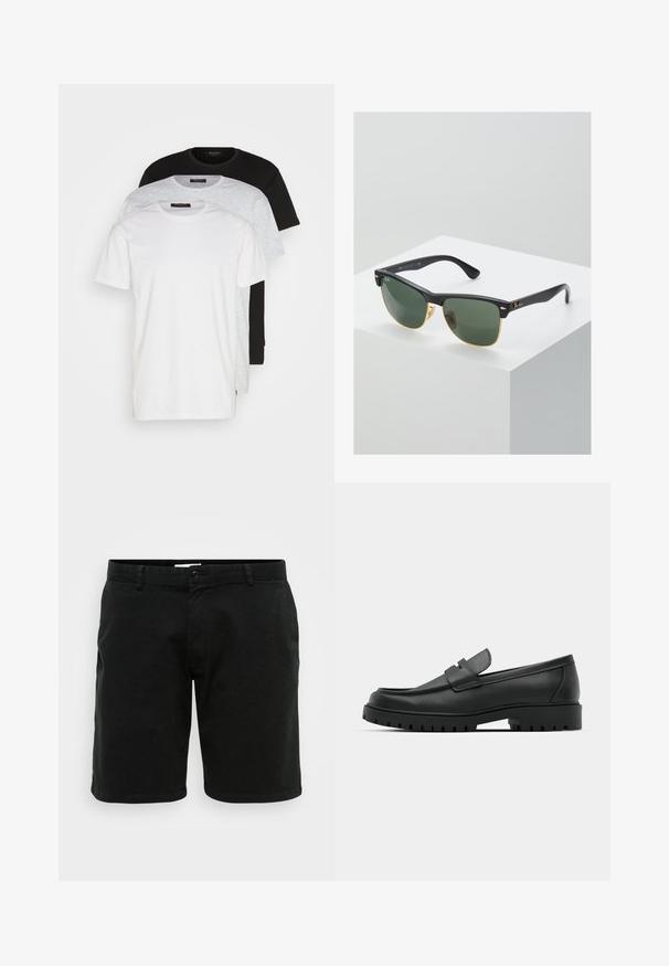 Tre crew neck t-skjorter i hvit, lys grå og svart. Laget av myk bomull, med korte ermer og en avslappet passform.; Sorte bomullsshorts med rett snitt. Har knappelukking og beltehemper. Glatt tekstur og litt over kneet lengde.; Sorte lærloafere med rund tå, med en syddesign, lav plattformsåle og en teksturert, ruggede gummisåle.; Ray-Ban solbriller med grønne linser, svarte plastikkrammer og gullkanter. Firkantet form med matt finish.