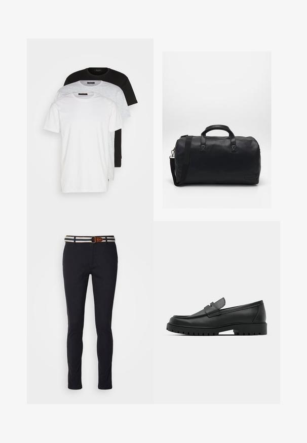 Három kereknyakú póló fehér, világosszürke és fekete színben. Puha pamutból készült, rövid ujjú és laza szabású.; Sötétkék pamut nadrág, slim fit fazonban, csíkos szőtt övvel, amelynek barna bőrkiegészítője van, és klasszikus cipzárral záródik.; Fekete bőr loafer cipők kerek orral, varrott mintázattal, alacsony platformtalpú és texturált, barázdált gumitalppal.; Fekete sporttáska textúrált szintetikus anyagból. Két fogantyúval és állítható vállpánttal rendelkezik. Egyszerű kialakítás, látható minták nélkül.