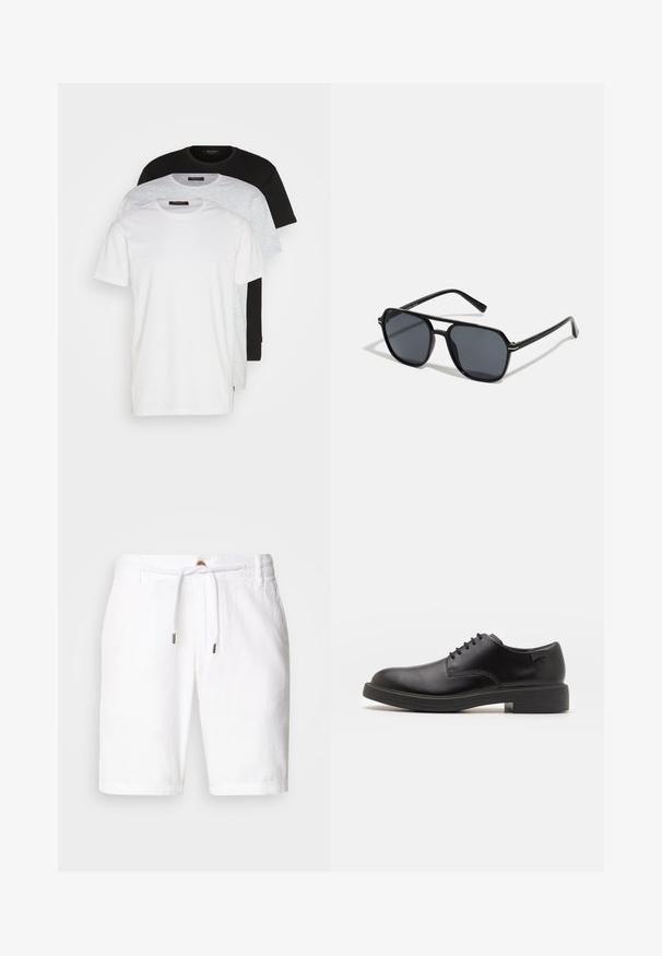 Trei tricouri cu guler rotund, în alb, gri deschis și negru. Confectionate din bumbac moale, cu mâneci scurte și o croială lejeră.; Şorturi albe din in, cu un talie elastică și închidere cu șnur, având o croială lejeră. Textură netedă, fără modele vizibile.; Pantofii din piele neagră, cu șireturi, au vârful rotunjit, o textură netedă, cusături minime și un toc de cauciuc scăzut. Logo pe toc.; Ochelari de soare negri cu ramă octogonală, lentile întunecate, finisaj lucios, temple subțiri și accente aurii în partea din față.