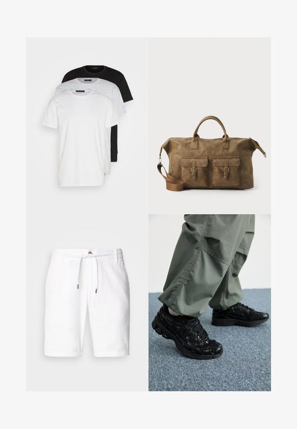 Tre magliette a girocollo in bianco, grigio chiaro e nero. Realizzate in cotone morbido, con maniche corte e una vestibilità comoda.; Shorts bianchi in lino con una vita elasticizzata e chiusura con cordoncino, dal fit rilassato. Texture liscia, senza motivi visibili.; Sneaker atletici neri con texture lucida e in rete, dotati di una suola spessa e lacci, abbinati a pantaloni cargo larghi verde oliva.; Borsa da viaggio in pelle marrone con due tasche frontali, tracolla regolabile, hardware dorato e manici superiori robusti. Texture liscia.
