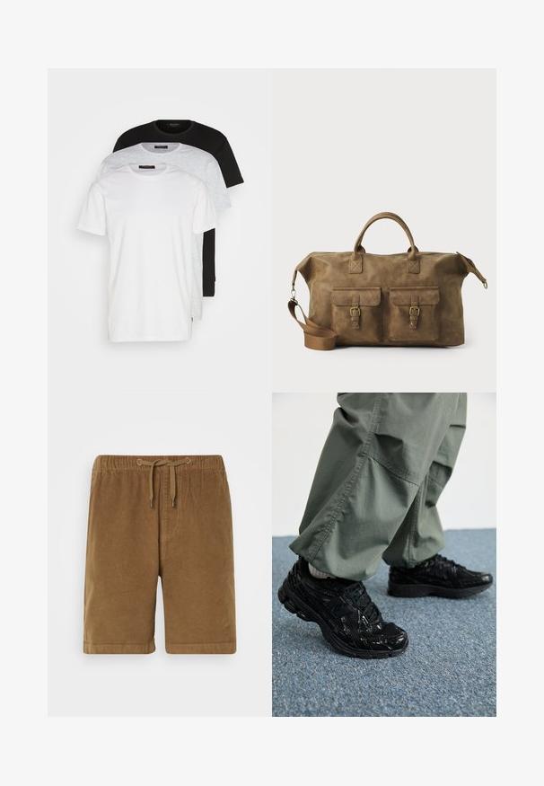 Tričko s crew neckom v bielej, svetlo sivej a čiernej farbe. Vyrobené z jemnej bavlny, s krátkymi rukávmi a vo voľnom strihu.; Hnedé kordové šortky s elastickým pásom a šnúrkou na stiahnutie, s rovnými strihom a obratými dolnými okrajmi. Jednoduchý dizajn, textúrovaná tkanina.; Čierne atletické tenisky s lesklými a sieťovinovými textúrami, so silnou podrážkou a šnúrkami, kombinované s voľnými olivovo-zelenými cargo nohavicami.; Hnedá kožená taška na cestovanie s dvoma prednými vreckami, nastaviteľným ramenným popruhom, zlatými kovovými doplnkami a pevným horným uchom. Hladký povrch.