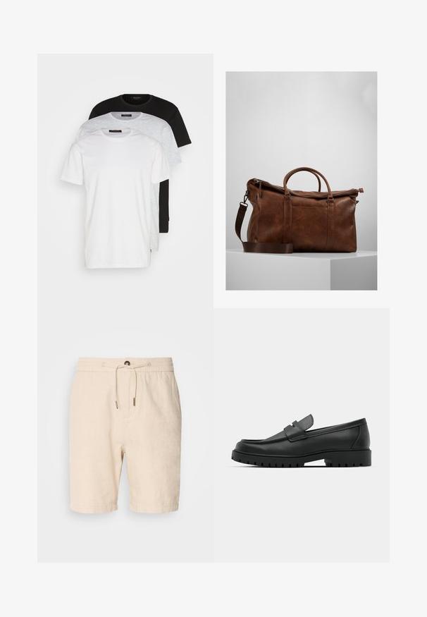 Three crew neck t-shirts in white, light grey, and black. Made of soft cotton, featuring short sleeves and a relaxed fit.; Scotch & Soda SEASONAL CORE BERMUDA - Shorts - soft camel; Black leather loafers with a rounded toe, featuring a stitched design, low platform sole, and a textured, lugged rubber outsole.; Brown leather duffle bag with a zip closure, double handles, adjustable shoulder strap, and visible texture patterns on the surface.