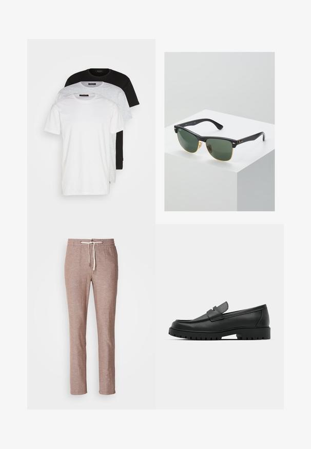 Trys apvalaus kaklo marškinėliai baltos, šviesiai pilkos ir juodos spalvos. Pagaminti iš minkštos medvilnės, turi trumpas rankoves ir laisvą kirpimą.; Šviesiai rudos lino kelnės su raišteliu talijoje, tiesaus kirpimo dizainu ir šiek tiek tekstūruotu paviršiumi. Be papildomų kišenių ar dekoracijų.; Juodi odiniai loaferiai su apvalia nosimi, su siuvinėtu dizainu, žemu platformos padu ir tekstūruotu, sukibimo raštu padu.; Ray-Ban saulės akinių žaliais objektyvais, juodais plastikiniais rėmeliais ir auksinėmis detalėmis ant kraštų. Kvadratinė forma su matinio paviršiaus apdaila.