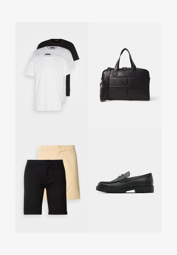 Trys apvalaus kaklo marškinėliai baltos, šviesiai pilkos ir juodos spalvos. Pagaminti iš minkštos medvilnės, turi trumpas rankoves ir laisvą kirpimą.; Juodi ir smėlio spalvos medvilniniai šortai, turintys mygtuko užsegimą, dirželių kilpas ir tiesaus kirpimo dizainą. Juodi šortai yra priekyje.; Juodi odiniai loaferiai su apvalia nosimi, su siuvinėtu dizainu, žemu platformos padu ir tekstūruotu, sukibimo raštu padu.; Juodas odinis savaitgalio krepšys, su dviem rankenomis, reguliuojama petneša, užtrauktukais ir stačiakampiu forma bei lygiomis tekstūromis.