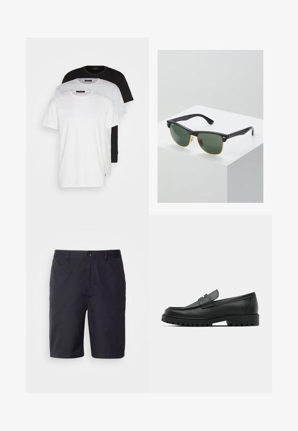 Trys apvalaus kaklo marškinėliai baltos, šviesiai pilkos ir juodos spalvos. Pagaminti iš minkštos medvilnės, turi trumpas rankoves ir laisvą kirpimą.; Tamsiai mėlynos šortai, pagaminti iš lengvos medvilnės audinio, su mygtuko uždarymu, diržo kilpomis ir tiesiu kirpimu virš kelių.; Juodi odiniai loaferiai su apvalia nosimi, su siuvinėtu dizainu, žemu platformos padu ir tekstūruotu, sukibimo raštu padu.; Ray-Ban saulės akinių žaliais objektyvais, juodais plastikiniais rėmeliais ir auksinėmis detalėmis ant kraštų. Kvadratinė forma su matinio paviršiaus apdaila.