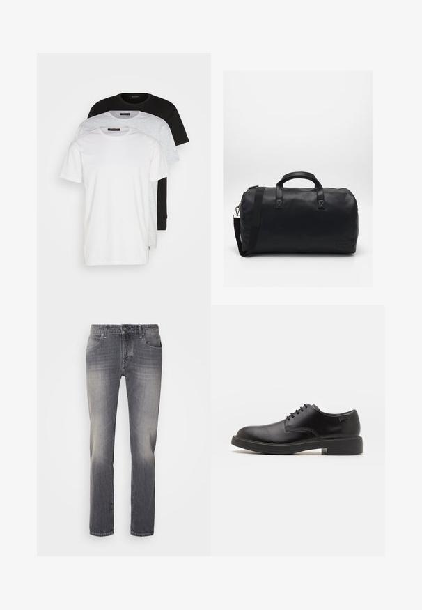 Kolm ümmarguse kaelusega T-särki valges, helesinises ja mustas. Valmistatud pehmest puuvillast, lühikeste varrukatega ja mugava lõikega.; Hallhalli denimmood, sirge sääre lõikega, millel on puusadel hääbumine, viie tasku disain ja hõbedane nupuvajutus vöökohal.; Must beemel levalis kingad ümarate varvastega, sileda pinnaga, minimaalsete õmblustega ja madala kummist kontsaga. Logo kontsa peal.; Must musta käsnaga valmistatud tekstureeritud sünteetilisest materjalist. Omab kahte käepidet ja reguleeritavat õlavarre rihma. Lihtne disain ilma nähtavate mustriteta.