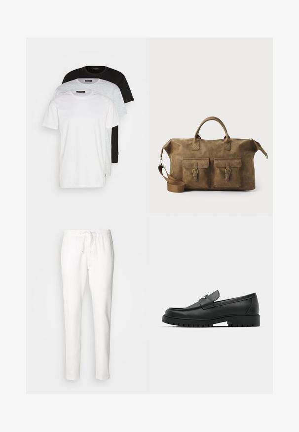 Tres camisetas de cuello redondo en blanco, gris claro y negro. Hechas de algodón suave, con mangas cortas y un ajuste relajado.; INDICODE JEANS Pantalones - offwhite; Mocasines de cuero negro con punta redonda, que cuentan con un diseño cosido, suela de plataforma baja y una suela de goma texturada y con tacos.; Bolso de cuero marrón tipo duffel con dos bolsillos frontales, correa para el hombro ajustable, herrajes dorados y asas superiores resistentes. Textura suave.