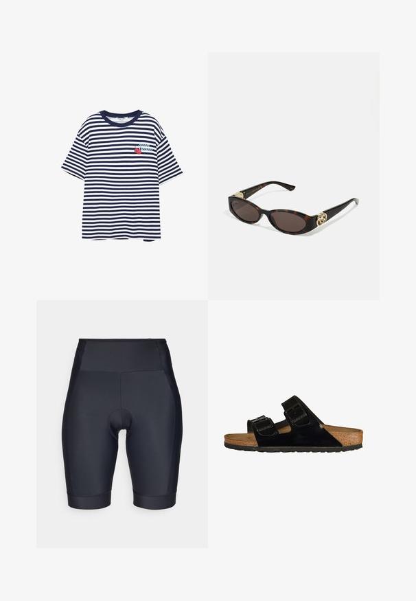 Stripet T-shirt i marineblå og hvid, korte ærmer, rund hals, med et grafisk motiv af kirsebær og teksten "Super Dessert" på venstre bryst.; Sorte cykelshorts fremstillet af glat, strækbart stof. Højtaljet design med en polstret indsats og sømdetaljer.; Sorte patentlæder sandaler med to justerbare stropper, korksål og gummisål, der har en glat tekstur og et minimalistisk design.; Skildpaddemønster solbriller med aflange ovale linser, brun farve, guldlogo accenter på stængerne og slanke sorte arme.