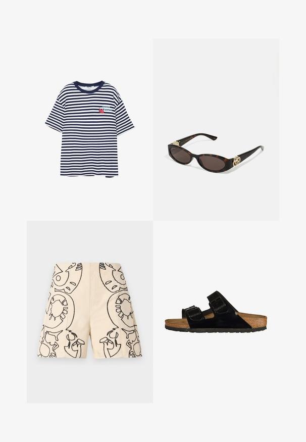 Gestreept T-shirt in marineblauw en wit, korte mouwen, ronde hals, met een graphic van kersen en de tekst "Super Dessert" op de linkerkant van de borst.; Beige shorts met zwarte geborduurde ontwerpen, die abstracte vormen met omtrekken tonen. Gemaakt van een lichte stof, biedt een casual stijl.; Zwarte gepatineerde leren sandalen met twee verstelbare banden, kurken voetbed en rubberen zool, met een gladde textuur en een minimalistisch ontwerp.; Schildpadbril met langwerpige ovale lenzen, bruine tint, gouden logo-accenten op de pootjes en slanke zwarte armen.