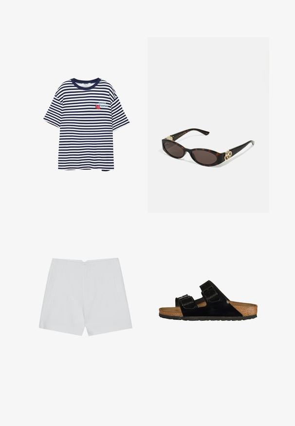 Raido-efekti T-paita tummansinisestä ja valkoisesta, lyhyet hihat, pyöreä kaula-aukko, jossa on kirsikoiden grafiikka ja teksti "Super Dessert" vasemmassa rinnassa.; Valkeat shortsit, joissa on räätälöity muotoilu, tasainen etuosa, kaksi sivutaskua ja siisti helma. Valmistettu sileästä kankaasta ilman näkyviä kuvioita.; Musta patentoitu nahkaisandaalit, joissa on kaksi säädettävää hihnaa, korkkijalkatuki ja kumipohja, joissa on sileä pinta ja minimalistinen muotoilu.; Silmärilakkiset tortoiseshell-aurinkolasit, joissa on pitkänomaiset ovaalit linssit, ruskea sävy, kultaiset logo-koristeet temppeleissä ja sulavalinjaiset mustat varret.