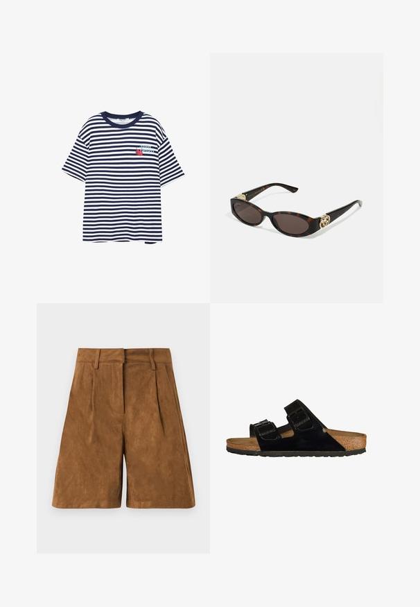 Raido-efekti T-paita tummansinisestä ja valkoisesta, lyhyet hihat, pyöreä kaula-aukko, jossa on kirsikoiden grafiikka ja teksti "Super Dessert" vasemmassa rinnassa.; Ruskean mokkanahkashortsit, joissa on sileä pinta, etupleisureet, tasainen vyötärö ja suora leikkaus.; Musta patentoitu nahkaisandaalit, joissa on kaksi säädettävää hihnaa, korkkijalkatuki ja kumipohja, joissa on sileä pinta ja minimalistinen muotoilu.; Silmärilakkiset tortoiseshell-aurinkolasit, joissa on pitkänomaiset ovaalit linssit, ruskea sävy, kultaiset logo-koristeet temppeleissä ja sulavalinjaiset mustat varret.